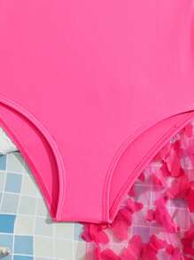 SHEIN Young Girl One-Piece Swimsuit & 3d Decor Mesh Beach Skirt - Red - View 4