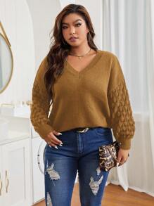 Celure 大尺寸v領落肩純色套頭毛衣 - 薑色 - 查看 5