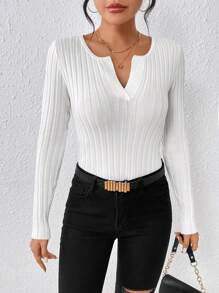 SHEIN Essnce Women's Solid Slim Fit Knitted Sweater With Notched Collar And Ribbed Detail - White - View 1