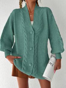 EURMUSE Chất rắn Thả vai Nút phía trước Áo len Mở - Màu xanh Bạc hà - Xem 5