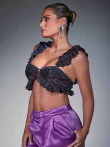 Hauture Ruffle Trim Crop Metallic Mesh Top - Black - View 4