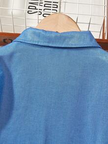 青少年女孩长袖牛仔效果印花腰带装饰休闲连衣裙