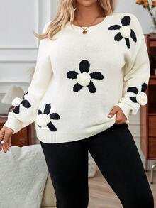 Calvaya 女士大尺碼花卉圖案落肩毛衣 - 白色 - 查看 8