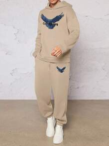 Manfinity Hypemode Men's Hooded Sweatshirt And Pants Set With Eagle And Letter Print, Plus Size - Khaki - View 1