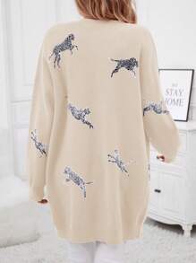 SHEIN Clasi Women's Leopard Pattern Drop Shoulder Front Open Long Sleeve Cardigan - Apricot - View 2