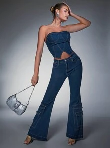 Denimoi 休闲翻盖口袋喇叭腿工装牛仔裤 - 深色水洗藍 - 查看 3