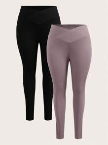 Flirla Fashionable Leisure Skinny Stretchy Ribbed Plus Size Leggings Set - Multicolor - View 1