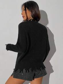 SHEIN Unity Drop Shoulder Raw Trim Sweater - Black - View 2