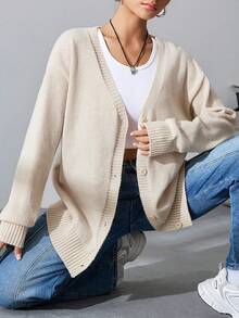 SHEIN Unity Cárdigan De Botones Sólido Para Mujeres - Albaricoque - Ver 5