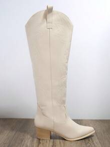 SHUZIA Point Toe Embroidery Knee-high Boots - Beige - View 2