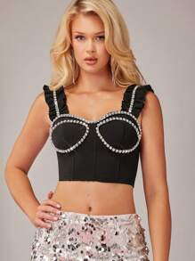 Hauture Rhinestone Bustier Ruffle Strap Top - Black - View 5