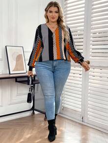 SHEIN LUNE Plus Size Color Block Front Zipper Lantern Sleeve Blouse - Multicolor - View 6