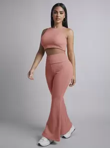 SHEIN PETITE Ladies' Solid Color Sleeveless Top & Flared Pants Set - Dusty Pink - View 1