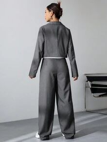 SHEIN Unity Ladies' Solid Color Single Breasted Cropped Blazer And Folded Waist Suit Pants Set - Dark Grey - View 2