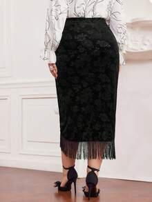 Modelyn Plus Size Wrap Overlap Skirt With Tassel Hem - Black - View 2