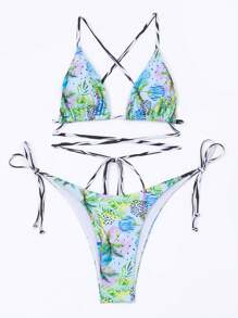 SHEIN Swim 热带印花打结侧比基尼套装音乐节夏季