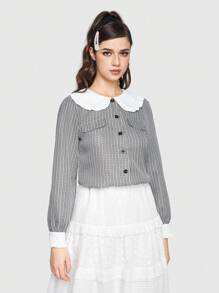 ROMWE Kawaii Camisa Dulce Y Encantadora Con Cuello Peter Pan - Blanco y Negro - Ver 4
