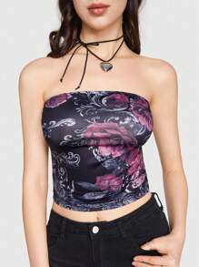 Sweetness Women's Floral Print Bandeau Top - Black - View 1