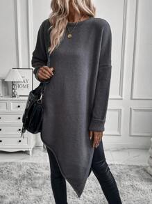 SHEIN Essnce 圓領落肩不對稱下擺毛衣 - 深灰色 - 查看 1