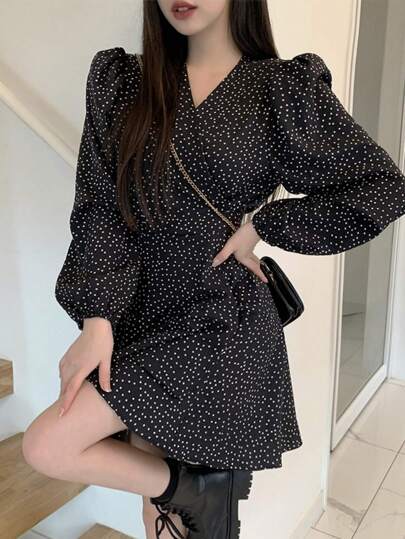 DAZY 女士V领泡泡袖连衣裙，秋季连衣裙长袖连衣裙