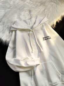 SHEIN EZwear 標語圖案落肩袖連帽衫 - 白色 - 查看 2