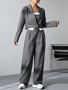 SHEIN Unity Ladies' Solid Color Single Breasted Cropped Blazer And Folded Waist Suit Pants Set - Dark Grey - View 3