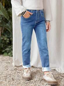 SHEIN Tween Boys Thermal Lined Warm Denim Jeans - Medium Wash - View 5