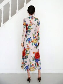 EastFlair 女式中式風格花卉印花長旗袍連衣裙,高開叉,適合派對、約會、春季外出穿著 - 藕粉色 - 查看 2