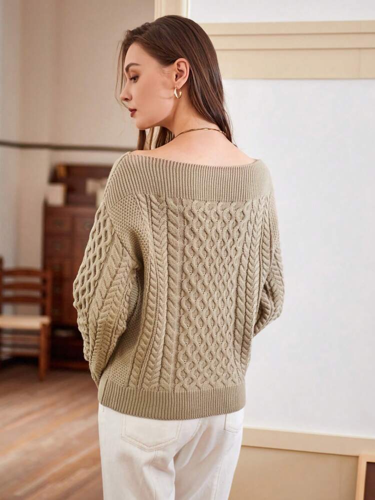 Cable Knit Boat Neck Sweater With Slash Collar Knit Pullover Fall Winter Sweater
