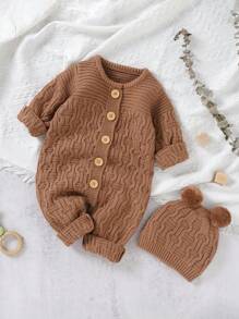 嬰兒男童帶帽釦領毛衣連體褲 - 咖啡棕 - 查看 1