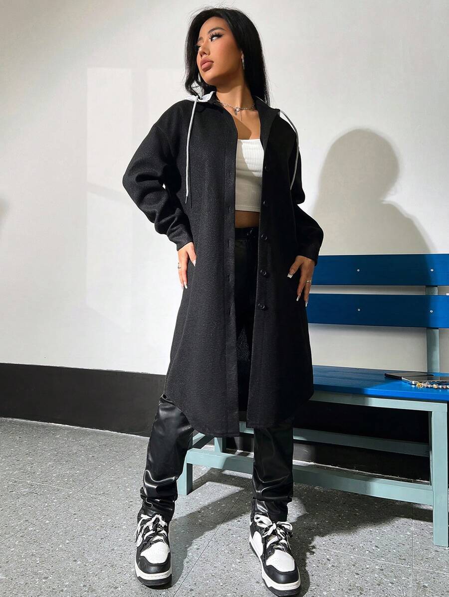 SHEIN Unity 女式繫扣抽繩連帽羊毛大衣