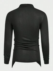 Manfinity Homme Men Long Sleeve Asymmetrical Hem Plain T-Shirt, Vacation, Fall - Black - View 2