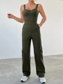 SHEIN EZwear Chất rắn Túi nghiêng Bộ áo liền quần Cami - màu xanh lá - Xem 4