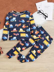 SHEIN 年輕男孩可愛舒適的卡通印花長袖長褲家居套裝 - 黑色 - 查看 1