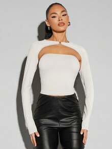 SHEIN BAE Solid Color Hollow Out Slim Fit T-shirt - Apricot - View 3