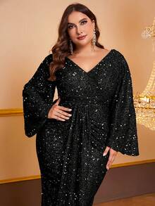 YISIKADO Women's Plus Size Prom Evening Gown Sequin Long Sleeve Dress