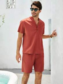 男士短袖羈扣上衣附口袋短褲兩件套 - 玫紅色 - 查看 4