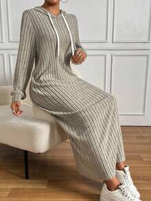 SHEIN Essnce Của phụ nữ áo có mũ Dây rút Sọc Đầm nỉ - Màu be - Xem 5