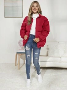 Abrigo acolchado de unicolor con estampado de corazón para adolescentes - Rojo - Ver 3