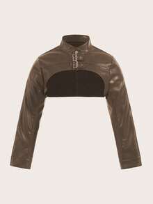 SHEIN Allurite Ladies' Solid Color Simple Short Jacket - Brown - View 3