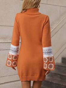 SHEIN Essnce Women's Contrast Color Turtleneck Sweater Dress - Orange - View 2