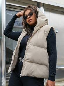 SHEIN MOOSTA 加大拉链连帽背心加厚棉服外套冬季 - 卡其色 - 查看 1