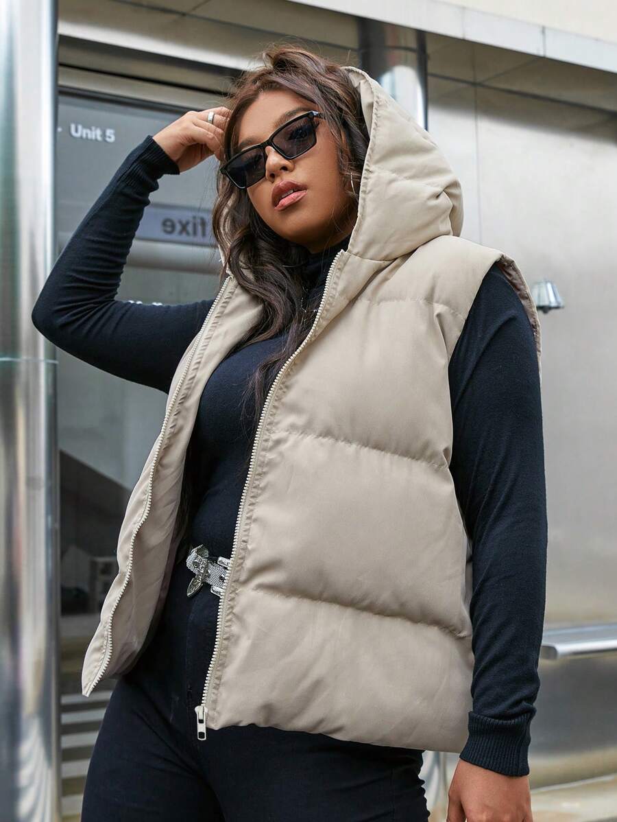 SHEIN MOOSTA 加大拉链连帽背心加厚棉服外套冬季 - 卡其色 - 查看 1