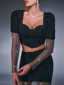 Hauture Conjunto de dos piezas de top corto y falda de malla de pedrería - Negro - Ver 6