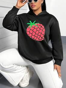 Flirla Áo nỉ nữ cỡ lớn in hình dâu tây, kiểu áo nỉ mùa thu. - màu đen - Xem 3