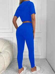 EURMUSE Rhinestone Detail Hooded Tee & Sweatpants - Blue - View 2