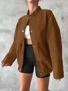 SHEIN Cottnline Manteau de femme avec col de baseball et fermeture à boutons devant - Tabac - Voir 3