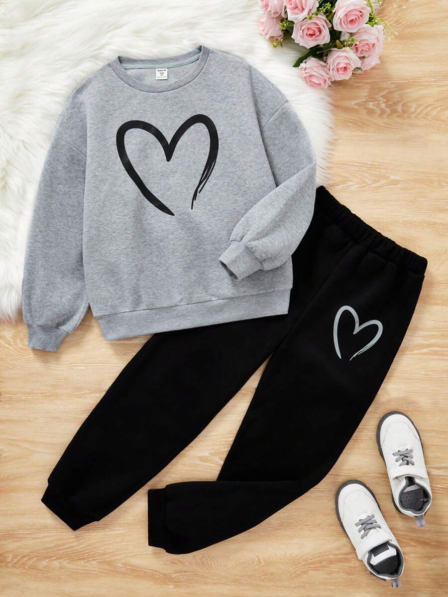 SHEIN Bộ quần nỉ lót nhiệt in hình trái tim và áo nỉ cho bé gái tuổi teen - Màu Xám nhạt - Xem 1