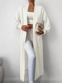 EURMUSE Dual Pocket Drop Shoulder Longline Duster Cardigan - White - View 1
