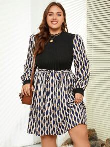 SHEIN LUNE 女式加大码圆领针织腰带几何印花连衣裙 - 黑色 - 查看 4